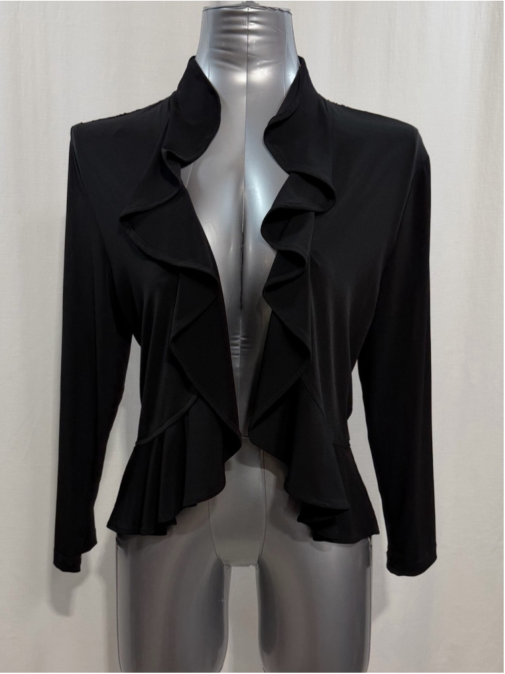 connected apparel Black Ruffle-Trim Open Front Jacket with lace back 1815